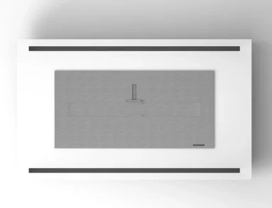 Vista superior em close do queimador Premium em aço inox 304 acetinado com logomarca Somer, da Lareira Design Collection Off White LSD-1500-AO
