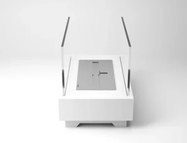 Vista em perspectiva superior da Lareira Design Collection Off White LSD-1500-AO da Somer mostrando o queimador Premium em aço inox 304 acetinado entre os dois vidros temperados