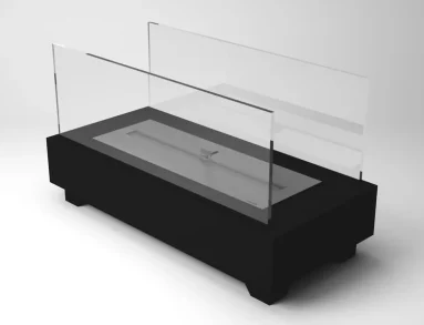 Lareira ecológica Design Collection Nero 2000 LSD-2000-AN da Somer em vista lateral mostrando a profundidade do vidro temperado 8 mm e o perfil alongado do produto