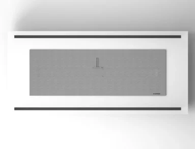 Vista superior em close do queimador Premium linear estendido em aço inox 304 acetinado com logomarca Somer, da Lareira Design Collection Off White 2000 LSD-2000-AO