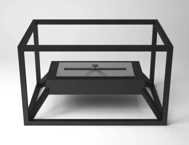 Lareira ecológica Loft 1500 LSL-1500-AP da Somer em vista frontal, mostrando a estrutura geométrica em aço inox 304 com pintura eletrostática microtexturizada e o queimador Premium centralizado