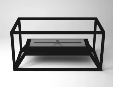 Lareira ecológica Loft 2000 LSL-2000-AP da Somer em vista frontal, mostrando a estrutura geométrica ampliada em aço inox 304 com pintura eletrostática microtexturizada e o queimador Premium linear estendido centralizado
