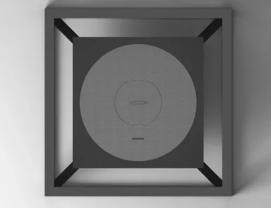 Vista superior em close do queimador Premium circular em aço inox 304 acetinado com logomarca Somer, da Lareira Loft Round 2000G LSLR-2000G-AP