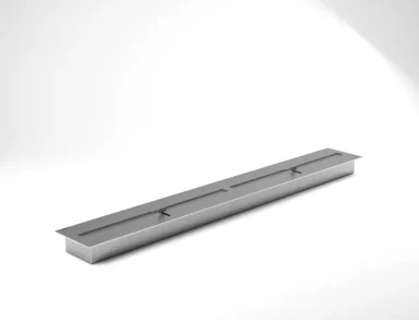 Vista em perspectiva do queimador ecológico QS-6000 QS-6000-A da Somer mostrando o corpo linear de 125 cm em aço inox 304 e a tampa deslizante tipo guilhotina